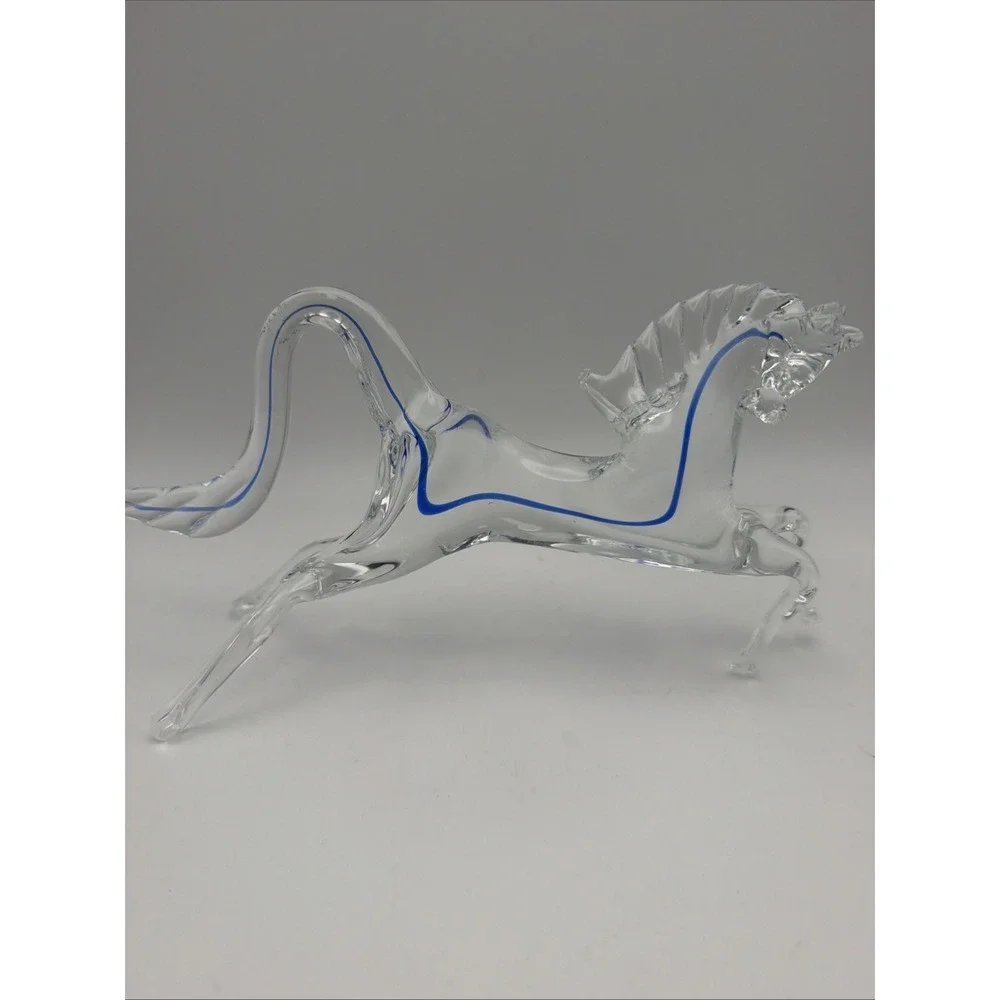 Vintage Murano Style Art Glass Horse Figurine Clear Cobalt Blue 8.25